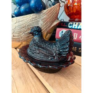 Vintage Mosser Amethyst Glass Hen on Nest Dish Split Tail Ohio Collectible